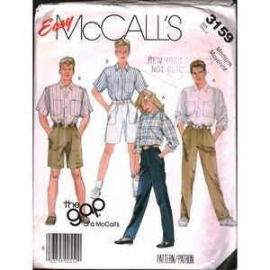 Vintage 1987 Easy McCall's 3159 The Gap Unisex Shirt Pants Shorts Pattern Medium